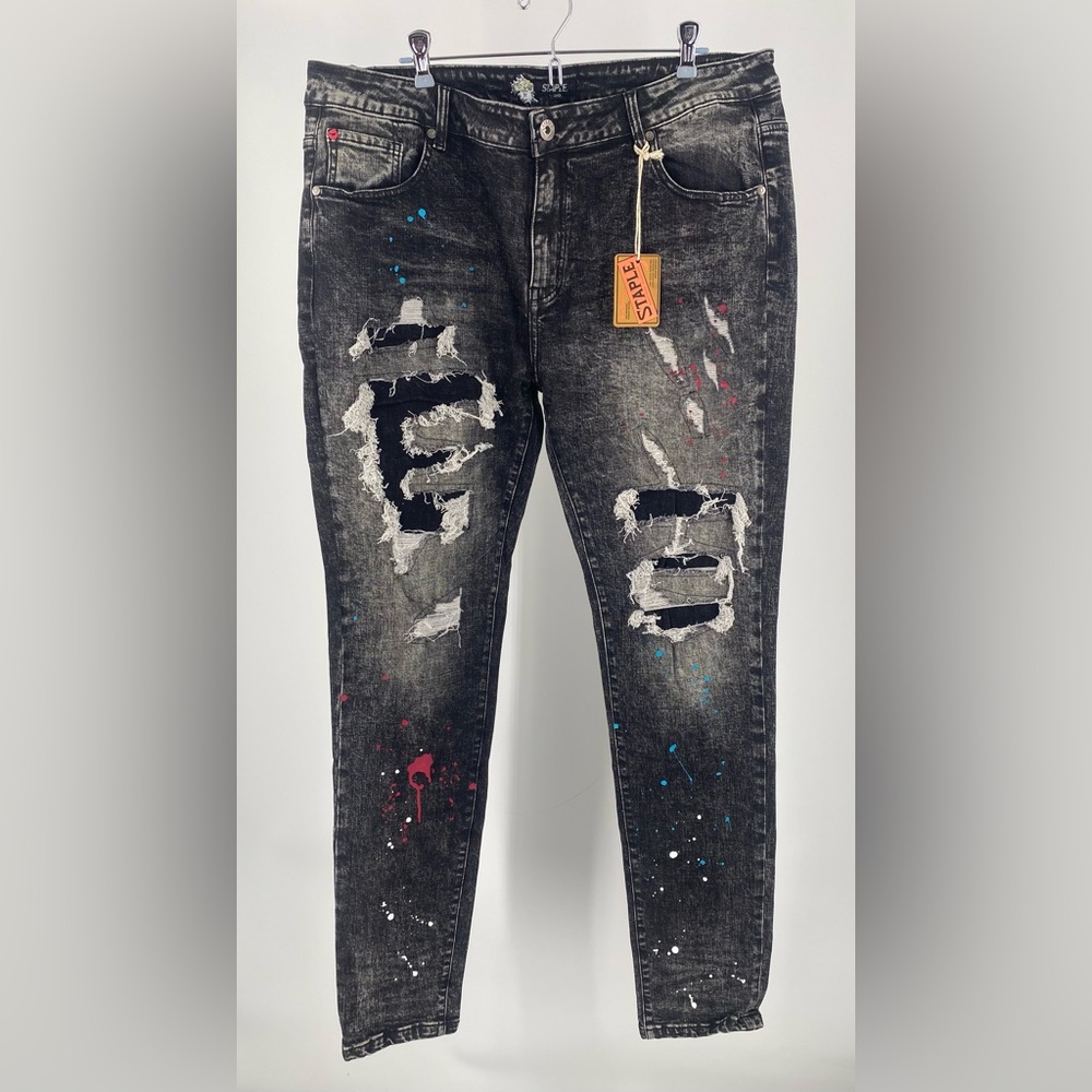 Staple Pigeon paint splatter work jeans, distressed, size‎ 38